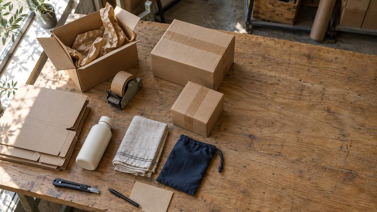 Packing table of a small online brand seen from above: kraft shipping boxes, a tape dispenser, a white bottle, a linen towel and a navy pouch, ready for marketplace orders.