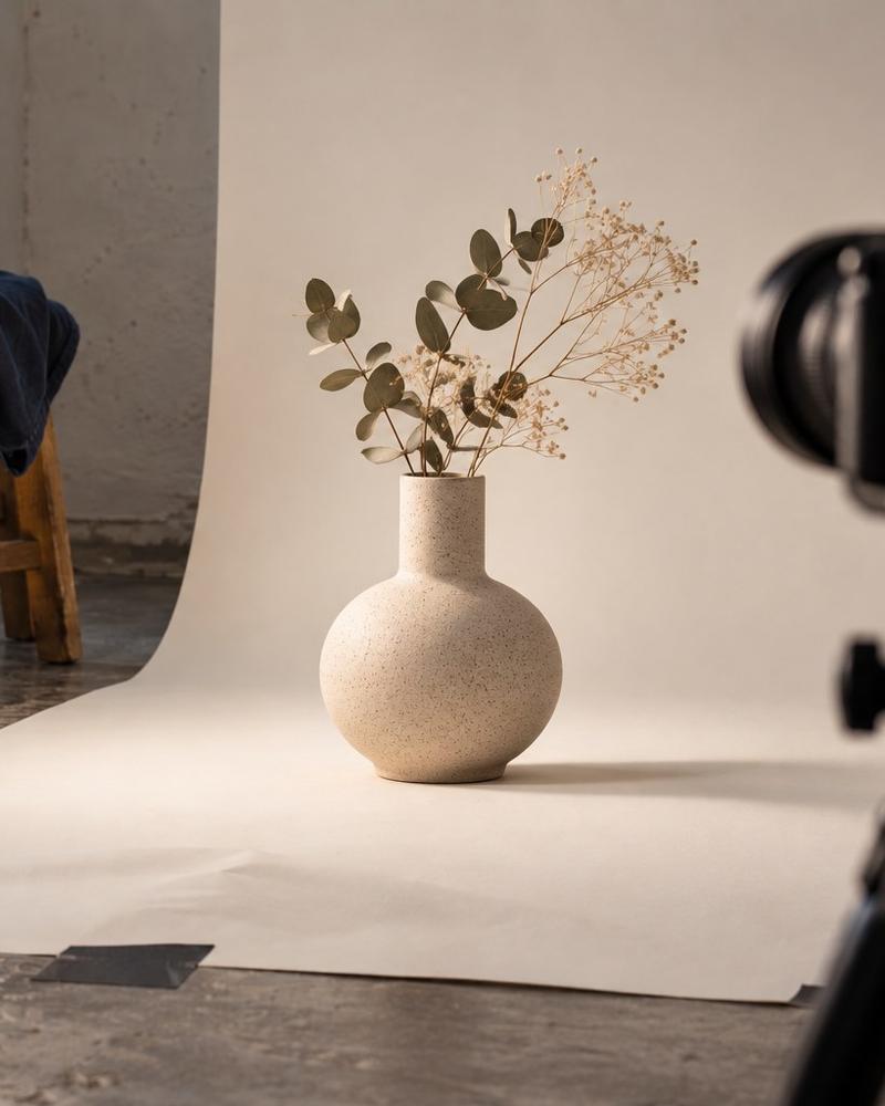 Product photo shoot for a marketplace listing: a speckled ceramic vase with dried flowers on a paper backdrop, a camera in the foreground.